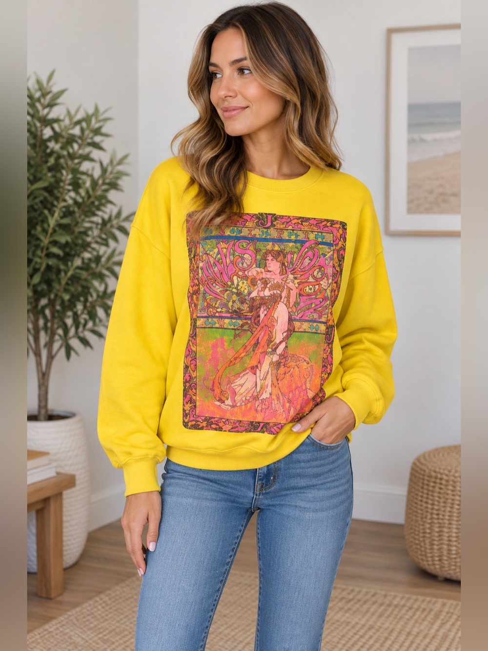 Janis Joplin Vibrant Yellow Graphic boho Sweatshirt size s/m